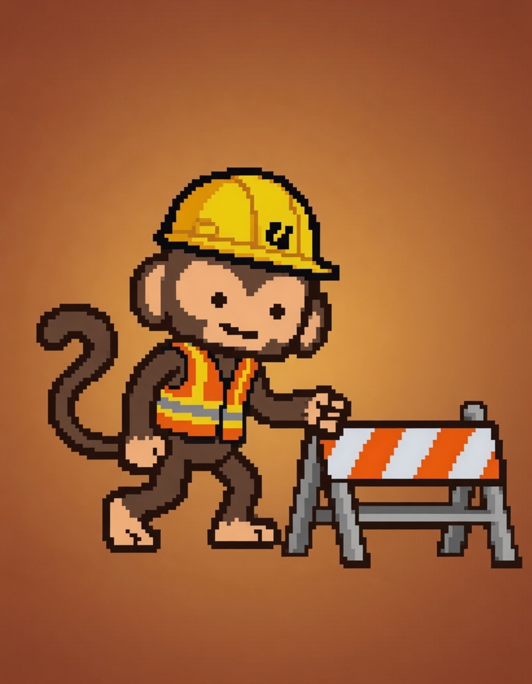 A cartoon monkey in a hard hat setting up a construction barricade